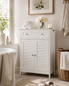 White Bathroom Storage Cabinet with Drawer & Louvered Door