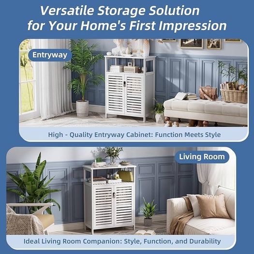 Bathroom Floor Storage Cabinet, Freestanding Bamboo Side Storage Organizer with Double Doors and Open Shelves, Space Saving Small Kitchen Cupboard, Whit
