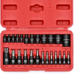 25-Piece Torx Bit and Female External Socket Set, 13 Star Bits (T8- T60) & 12 Female E-Torx (E4-E22), Professional Grade Auto & Motorcycle Mechanic Socket Set