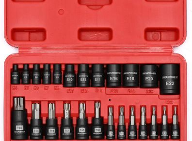 25-Piece Torx Bit and Female External Socket Set, 13 Star Bits (T8- T60) & 12 Female E-Torx (E4-E22), Professional Grade Auto & Motorcycle Mechanic Socket Set