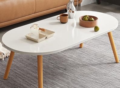 Oval Coffee Table,Solid Table Legs, Mid Century Modern Coffee Tables, Centre Table For Living Room, Tea Table, Side Table for Living Room,Small Space, 85x 45 x 40cm marble white