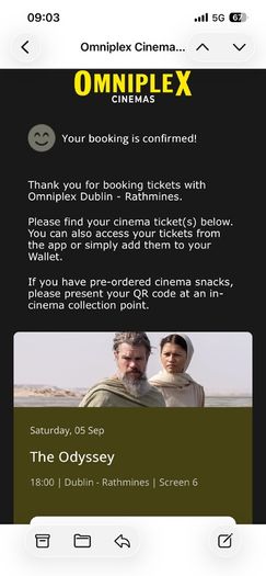 2 x cinema tickets The Odyssey