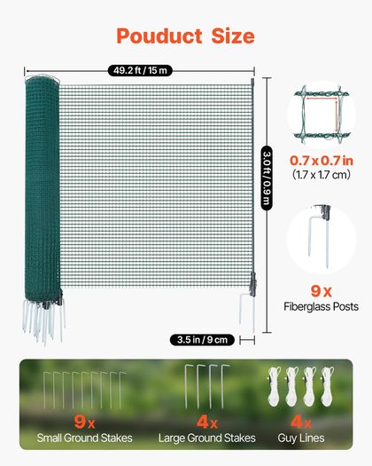 Temporary Fence with Posts, 0.9 x 15m Plastic Mesh Fencing,Garden Safety Fences Netting with Double-Spike Stakes & Guy Ropes