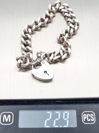 Signed Chunky Curb Chain Heart Padlock 925 Silver Bracelet