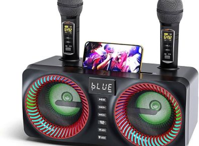 Karaoke Machine, Portable Bluetooth Speaker with UHF Wireless Microphone and Bass/Treble Adjustment, PA System Support TWS, AUX-in, FM,REC