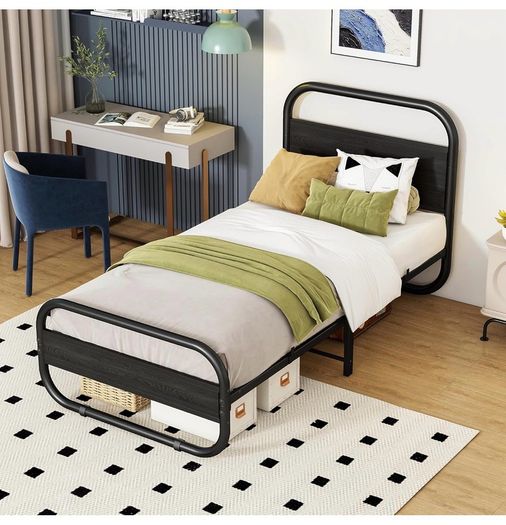 Single Bed Frame with Headboard, Black Single Bed 90x190 cm