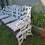 Garden bench, cast iron, very heavy, beautiful design, restored seat, outside outdoor garden sitting, cast iron, treated timber decorations, furniture patio decking, great present. Ignore flowers, pots, plants, garden statue, chair, swing, patio table Image 4