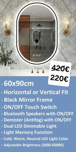 LED Bathroom Mirrors Selection Clock Speakers Bluetooth Demister Antifog Wi-Fi Weather Station Makeup
