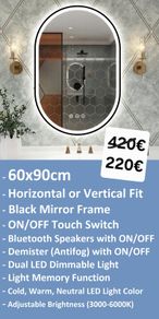 LED Bathroom Mirror 60x90cm Horizontal Vertical Bluetooth Speakers Fog Free Demister Makeup Vanity Ensuite Bright Light Touch Switch Dual LED