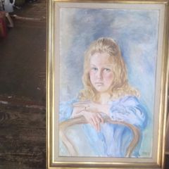 a large oil painting on canvas of a youg girl signed SHIEL