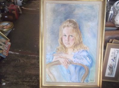 a large oil painting on canvas of a youg girl signed SHIEL