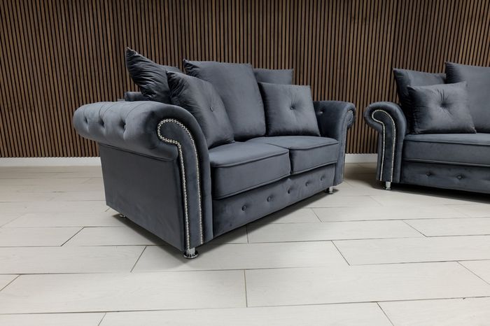 Olympia Grey Chester Arms Plush Velvet Fabric Sofa