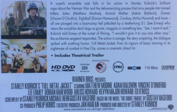 Full Metal Jacket (Stanley Kubrick Film) [1987] Matthew Modine, R. Lee Ermey, Vincent D'Onofrio, Adam Baldwin, Dorian Harewood & Arliss Howard [HD-DVD Movie]