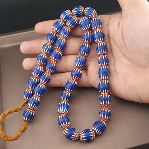 Antique Venetian Style Blue Chevron Glass Beads Necklace Strands