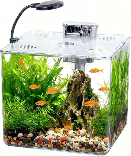 13L Starter Fish Tank Kit, 25  25  22CM Mini Plastic Aquarium with LED Light & USB Filter, DIY Aquascape for Small Betta Fish