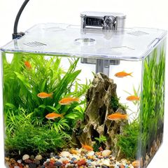 13L Starter Fish Tank Kit, 25  25  22CM Mini Plastic Aquarium with LED Light & USB Filter, DIY Aquascape for Small Betta Fish