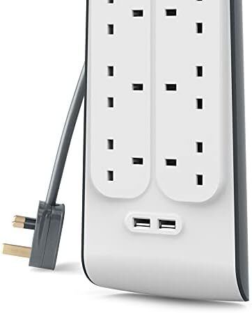 Extension Lead with USB Slots x 2 (2.4 A Shared), 8 Way/8 Plug Extension, 2m Surge Protected Power Strip - White