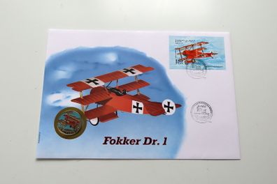 Fokker Triplane Aircraft Vintage stamp cover with Cuba Coin BUNC