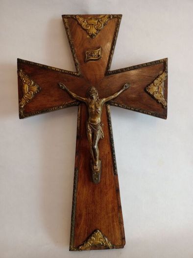 Large French Antique Wood and Brass Crucifix