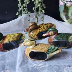 Vintage Wooden Mallard Duck Set Of 4 Napkin Rings Cottage Decor Hand Painted