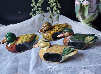 Vintage Wooden Mallard Duck Set Of 4 Napkin Rings Cottage Decor Hand Painted