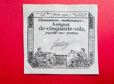 France   FRENCH  REVOLUTION 50  Sols  23 / 5 /  1793 Scarce Early note ) Pick. Ao70b