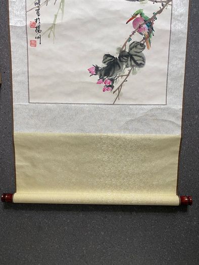 Vintage Chinese Traditional Scroll Watercolor Painting Birds Silk