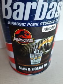 Jurassic Park collectable drinking glass and tin