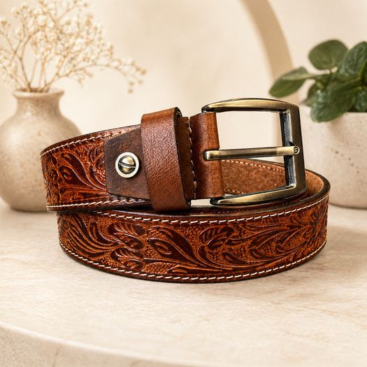 Unisex Genuine Leather Belt Vintage Embossed Design with Antique Buckle Casual & Formal Waist Belt