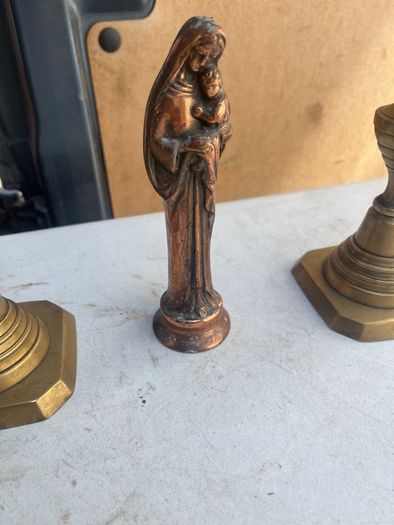 2 solid brass candle holders/ solid copper holy statue