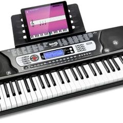 54 Key Keyboard Piano with Power Supply, Sheet Music Stand, Piano Note Stickers & Simply Piano Lessons, Black