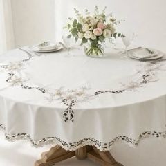 Elegant 70 inch Round Embroidered Tablecloth Scalloped Edge Vintage French