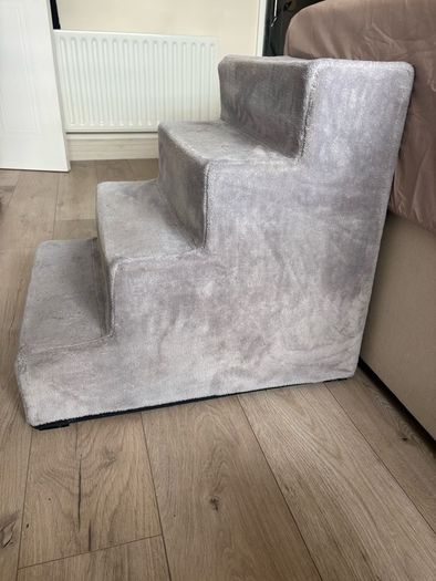 Grey, four-step plush pet staircase and small dog bed