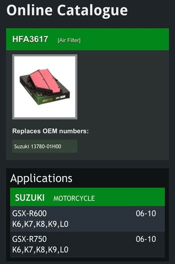 Suzuki Hiflo air filter HFA3617