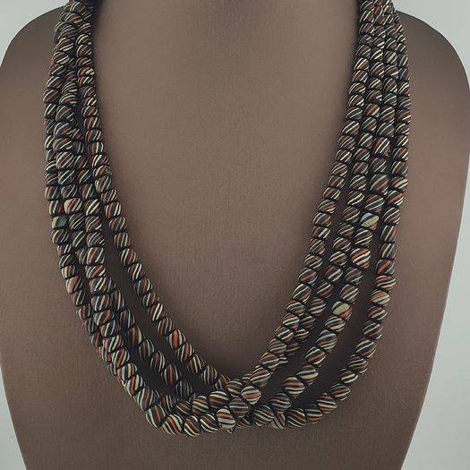 Vintage African Style MultiColor Stripe Black 7mm-8mm Glass Beads Necklace Strand