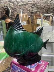 Blue Mountain Pottery Large Fish Vase Green Drip Glaze Vintage Angel Fish