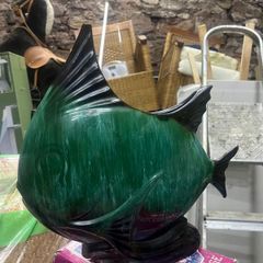 Blue Mountain Pottery Large Fish Vase Green Drip Glaze Vintage Angel Fish