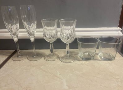 Crystal Cut Flutes, Wine Glasses & Tullamore Dew Whiskey Tumblers (6 Pieces)