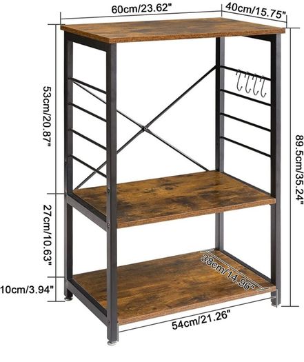 Industrial Microwave Oven Shelf, Bakers Rack with 6 S-Hooks, 3-Tier Storage Shelves for Kitchen Living Room, Kitchen Shelf for Spices, Pots, and Pans, Rustic Brown (FREE POSTAGE)