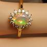 Gold Plated Sterling Silver Rare Facet cut Ethiopian Welo Opal and Lab Grown Moissanite Oval Cluster Ring Image 5