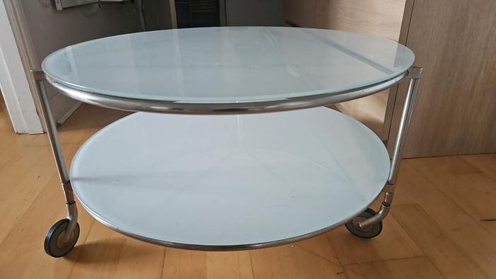 Coffee Table 2-tier , round , white glass , wheels