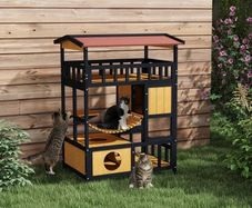Outdoor Cat Shelter, Four-Tier Wooden Feral Cat House, with Suspension Bridge, Cat Houses, Balcony, Escape Doors