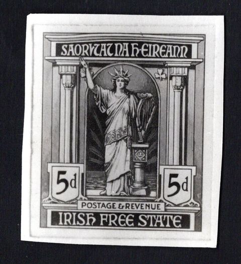 19?? Ireland photographic essay of unaccepted design for first definitive stamp series by unknown artist with Harp at centre.