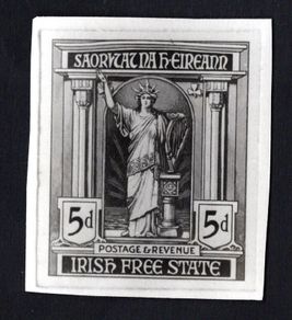 19?? Ireland photographic essay of unaccepted design for first definitive stamp series by unknown artist with Harp at centre.