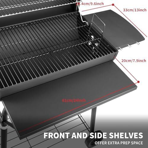 BBQ Grill Smoker With Side Shelves, Barbecue Garden Grill with Temperature Gauge, Outdoor Oil Drum Camping Barbeque Charcoal BBQ Barrel