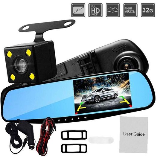 Dual Lens Car Camera Video Recorder DVR Dash Cam 1080P Rearview Mirror Black