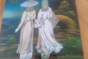 Plaque w/ Hand-Painted 20 X 15 CM.OF Two ladies walking through the country