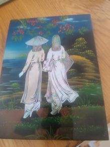 Plaque w/ Hand-Painted 20 X 15 CM.OF Two ladies walking through the country
