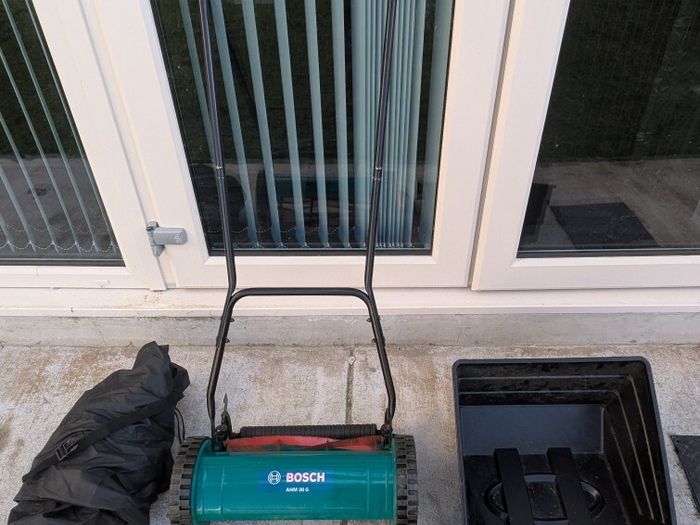 Bosch AHM 38 G Manual Lawn Mower with blade sharpener and cover