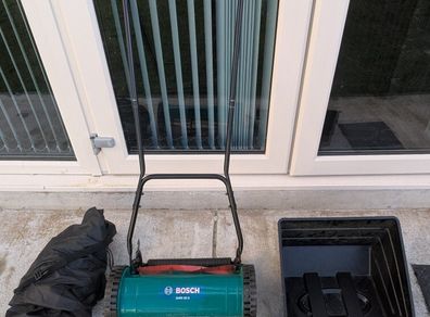 Bosch AHM 38 G Manual Lawn Mower with blade sharpener and cover